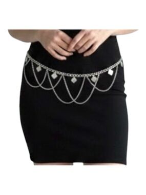 Silver Tone Chain Drape Belt With Layered Decorative Chains & Dangling Square Ch